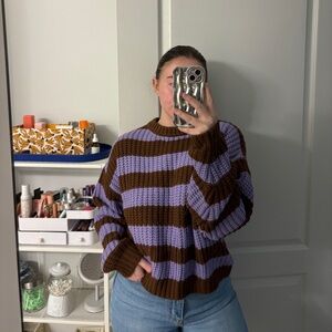 purple and brown striped sweater